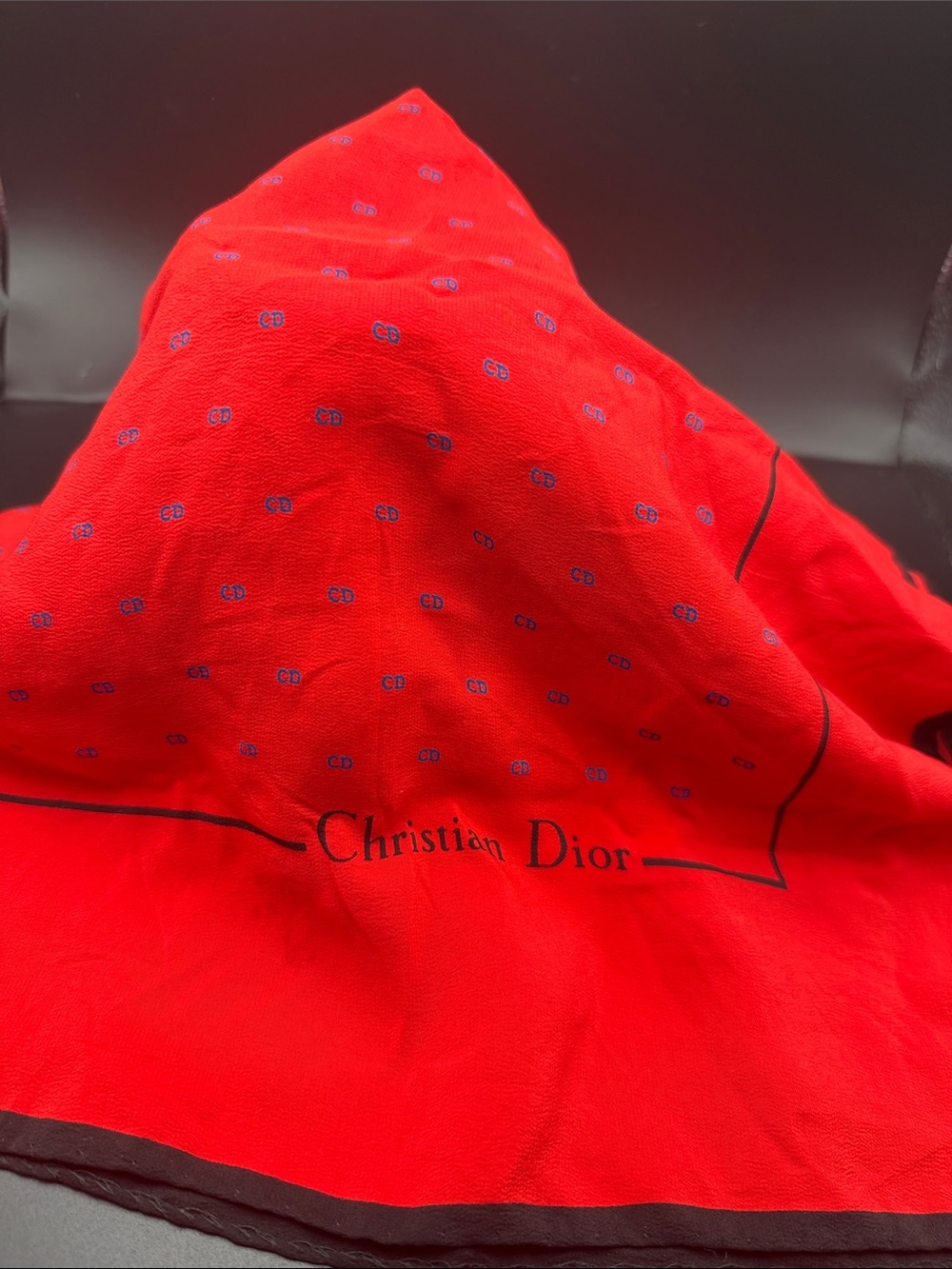 Dior Red scarf with Black Trim and Blue cd Detail width 34 height 34